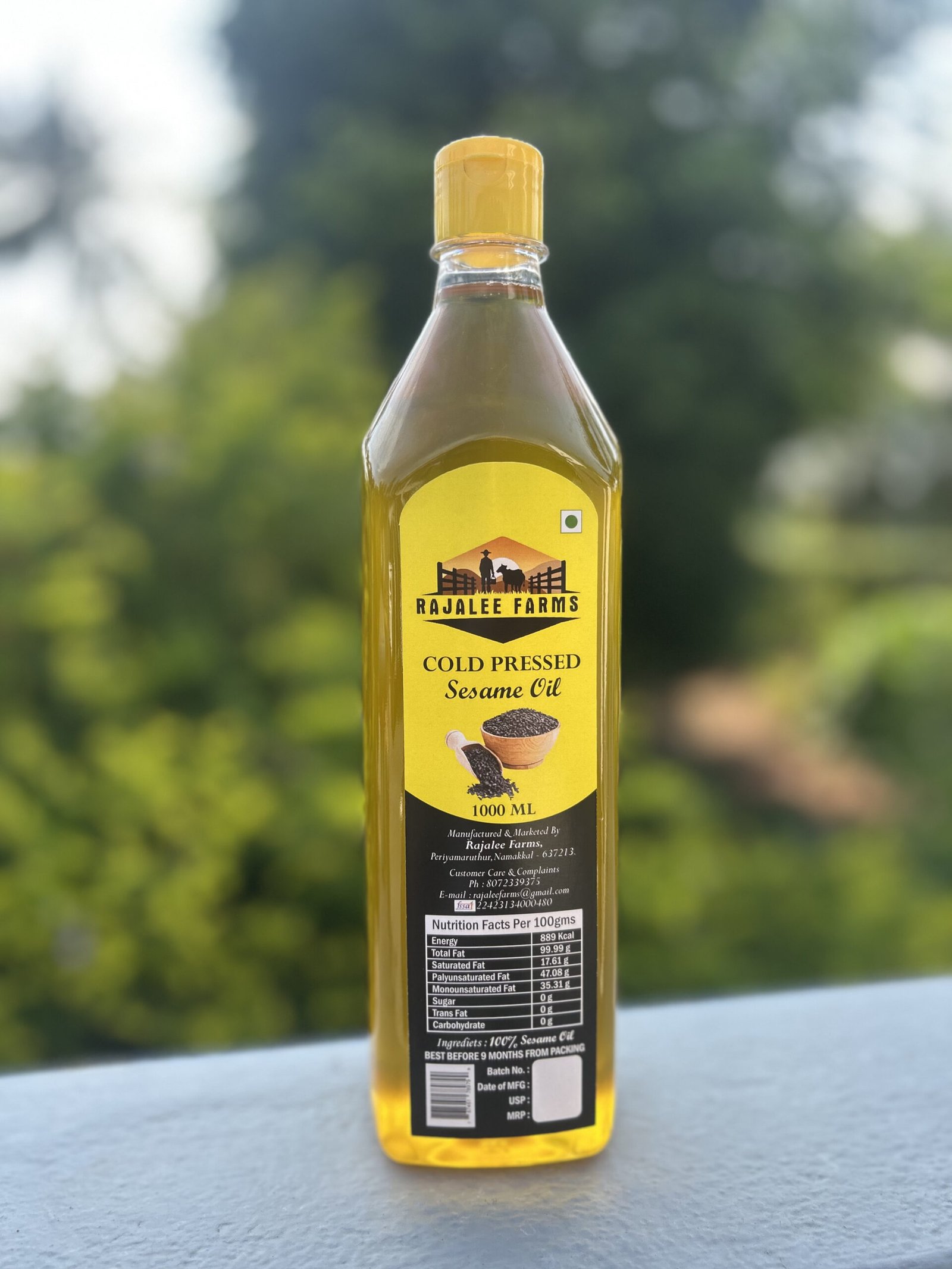 Rajalee Farms cold-pressed sesame oil bottle